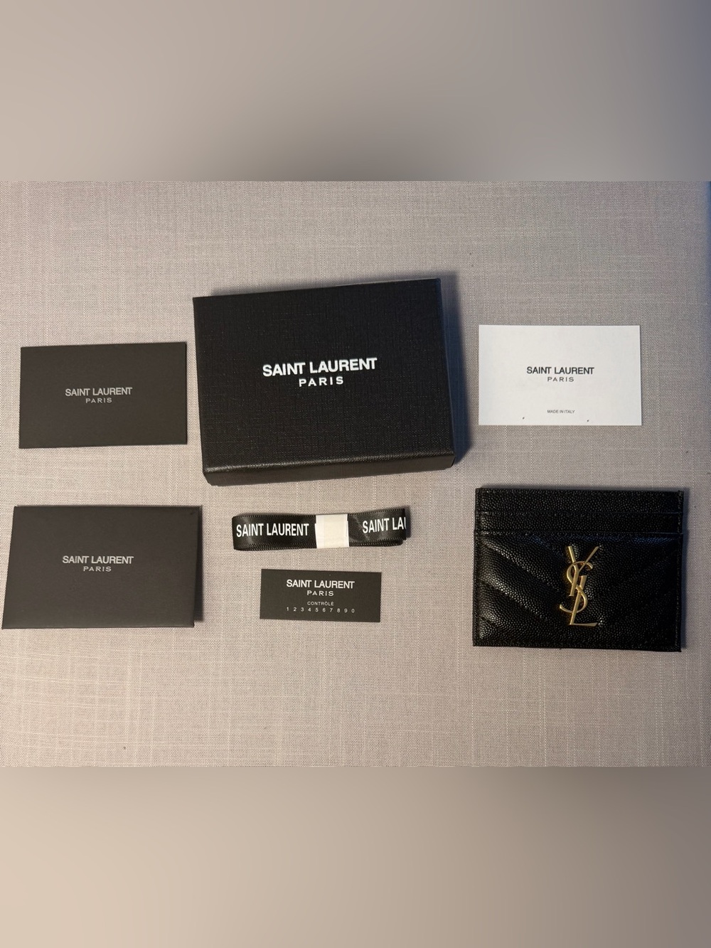 Yves Saint Laurent Black Textured Leather Card Holder with Gold YSL Accent